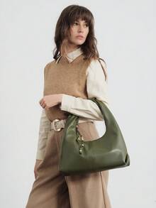SHECARRY Nueva bolsa de hombro de gran capacidad con textura de piel de oveja, bolso de mano de alta gama para ir al trabajo - Verde Oliva - Ver 8
