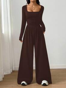 SHEIN Unity 女士纯色方领长袖褶皱休闲阔腿连体裤 - 咖啡棕 - 查看 3