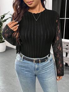 SHEIN Frenchy Casual Black Plus Size Rib-Knit Tee With Semi-Sheer Lace Long Sleeves And Stand Collar - Black - View 4