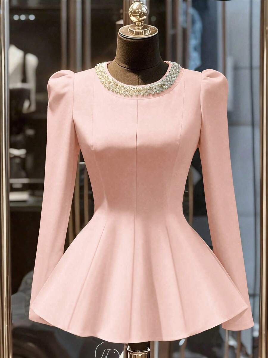 Franclia Áo kiểu trắng thanh lịch và sang trọng, được làm thủ công với họa tiết đính cườm, cổ tròn, eo thắt, khóa kéo phía sau, thích hợp cho các bữa tiệc, hẹn hò, mùa thu/đông. - Màu Hồng baby - Xem 1