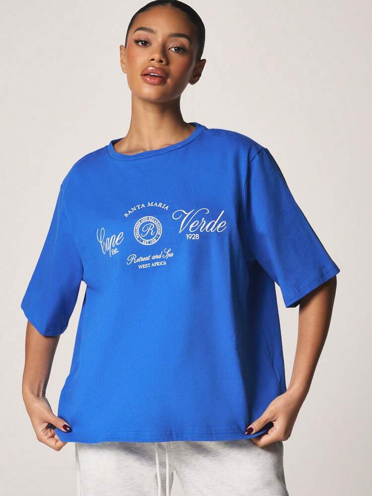 MISSGUIDED Women's Santa Maria Cape Verde Oversized Graphic Print Short Sleeve Crew Neck Cotton Tee Casual Summer Resort Spa Top
