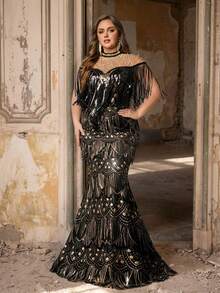 Glamrae Vestido de noche de fiesta de talla grande para mujer con cuello Mao, diseño con perlas falsas, lentejuelas y flecos