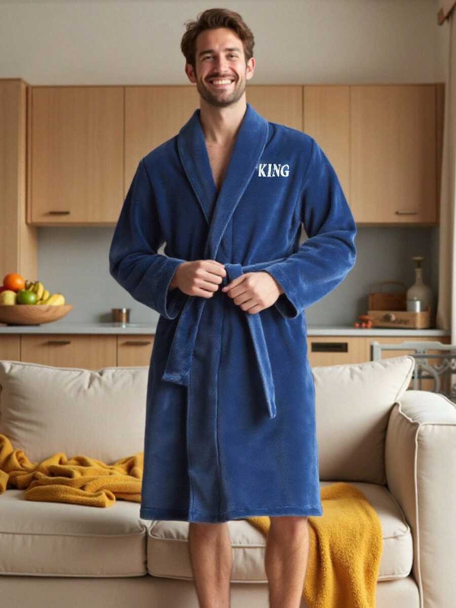 HIMLAND Men's Autumn/Winter Letter Embroidery Bathrobe