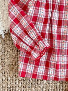 Young Girls Pajamas-2 Pieces Pajama Set Red White Plaid Peter Pan Collar Long Sleeve Button Front Top Matching Long Pants Sleepwear Nightwear Cozy Ruffle Empire Seam Festive Holiday Essential 2026 Four Season Charming Retro Family Gift Gingham Set Red Pajama Set Girls Red And Plaid Sets Red Pj Set - Red - View 8