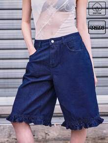 COUREZ 阔腿荷叶边短裤 / 女士夏季穿搭 Y2K 街头风可爱复古棉质短裤 - 深色水洗藍 - 查看 1