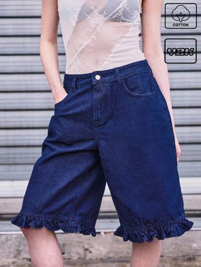 COUREZ 阔腿荷叶边短裤 / 女士夏季穿搭 Y2K 街头风可爱复古棉质短裤