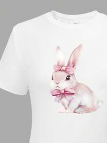 SHEIN ChillGRL Teen Girl White Minimalist Cute Bow Decor Round Neck Short Sleeve Cherry Print Top And Cargo Pants Set - White - View 5