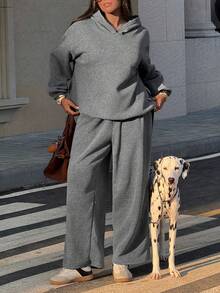 SHEIN EZwear 2pcs Set Grey Plus Size Hoodie Top And Pants - Grey - View 4