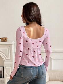 SHEIN EZwear Camisa casual de mujer de manga larga con botones y estampado - Rosa Pálido - Ver 2