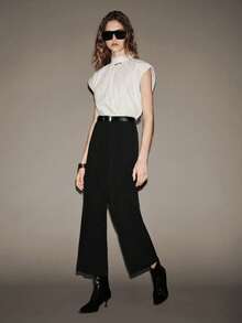 Lumivelle 女士高腰直筒裤，饰有链条，春夏款 - 黑色 - 查看 8