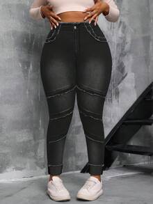 Slaydiva Plus Size Women Blue Denim High Waist Distressed Skinny Jeans - Black - View 7