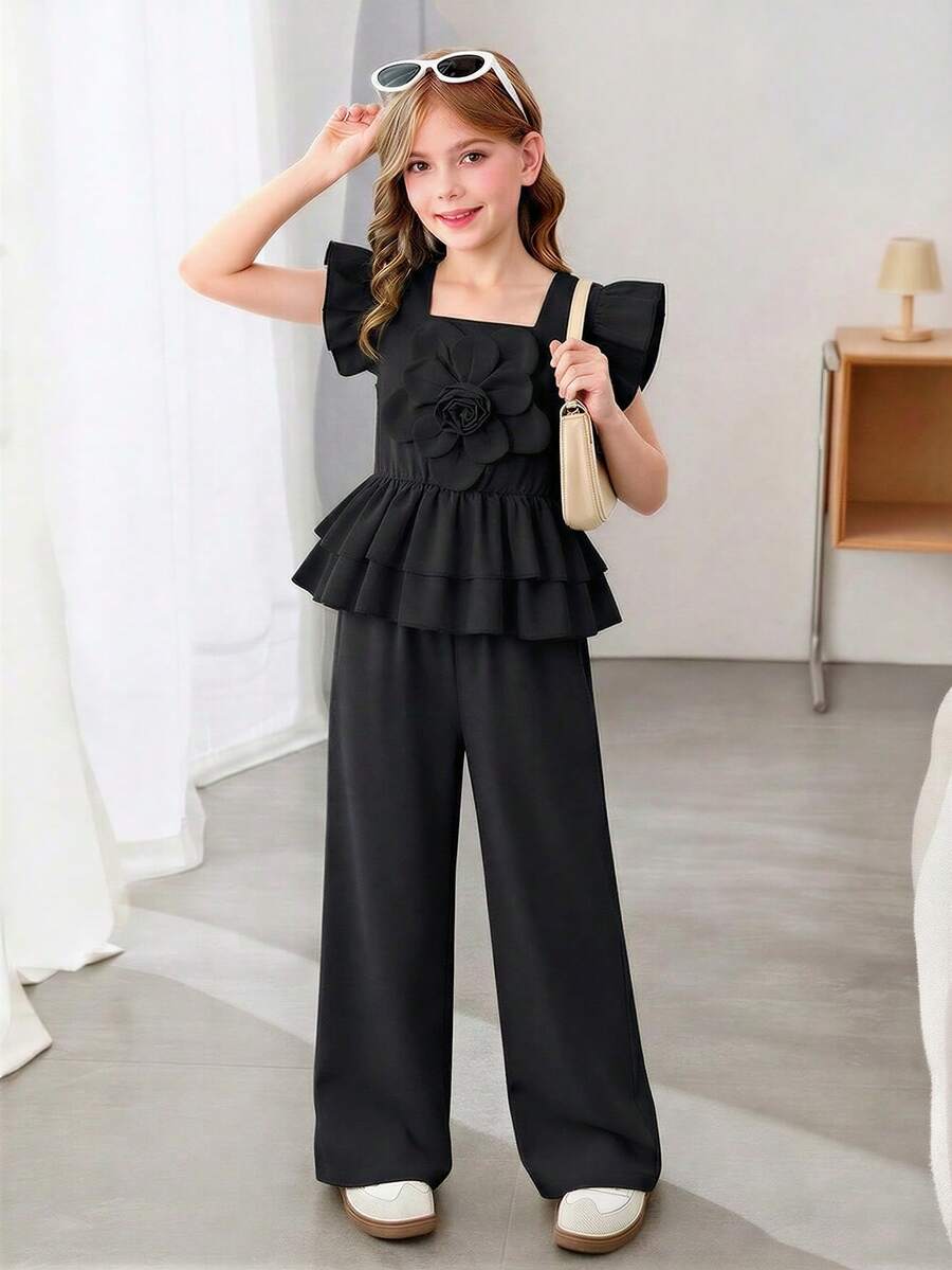 2pcs Tween Girls Fashion Ruffle Top & Pants Set - Black - View 1