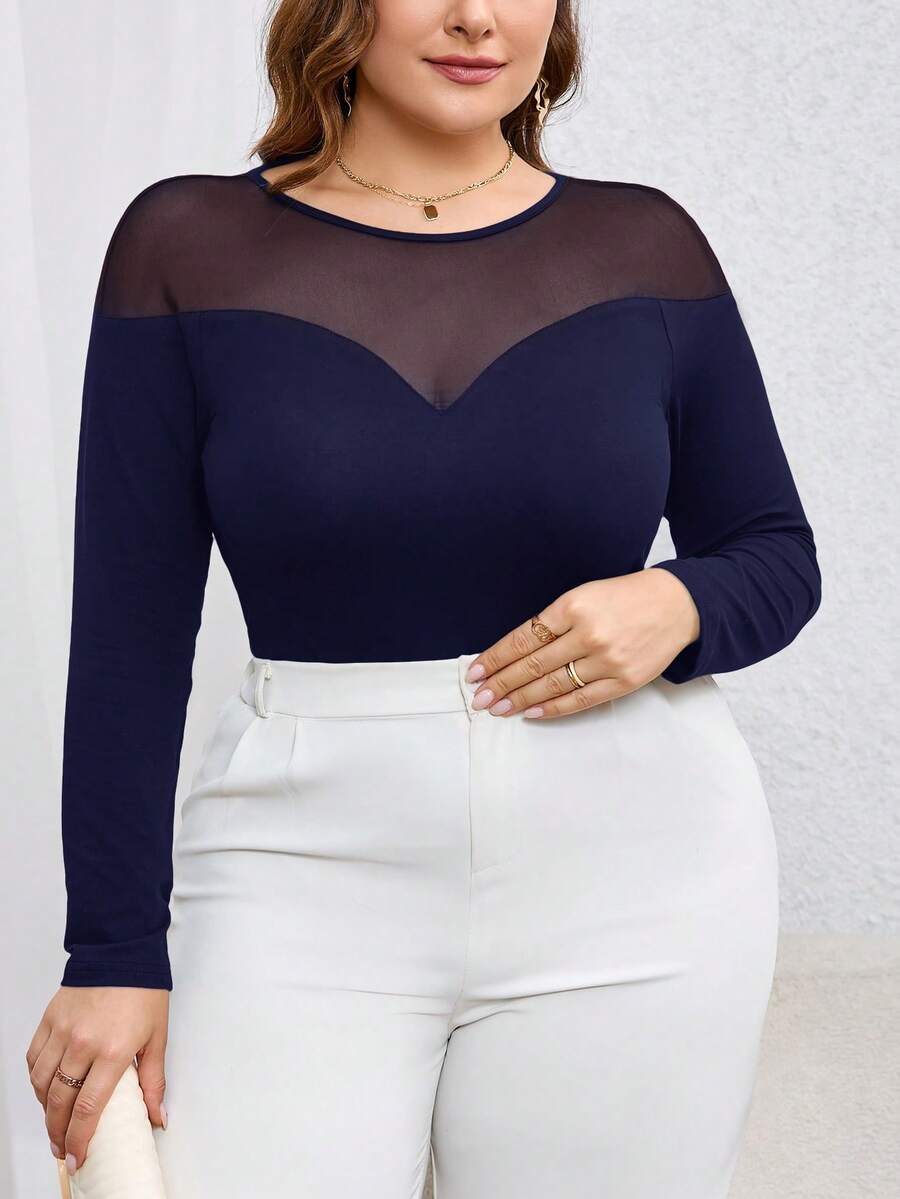SHEIN Privé Plus Size Women's Solid Color Round Neck Long Sleeve Mesh Patchwork T-Shirt Long Sleeve Mesh Top Curve Plus Tops Plus Size Long Sleeve Top Tops For Women Plus Plus Size Sheer Top - Navy Blue - View 1