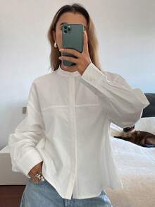 DAZY 女士宽松立领长袖优雅正式衬衫，春秋季 - 白色 - 查看 7