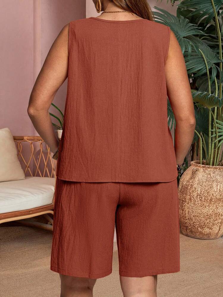 2pc Plus Size Women's Summer Casual Vacation Solid Color Round Neck Sleeveless Loose Casual Top And Pants 2 Pieces Set,Spring Break Outfits ,Vacation Outfits Women ,Holiday Outfits For Women,Going Out Outfits,2026 New Clothes,Simple And Fashionable For Everyday Wear, Plus Size Summer Sets, Two Piece Set Women Summer