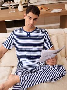 SHEIN 男士条纹印花休闲睡衣套装 - 藍色 - 查看 6