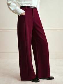 Écloséra 高腰宽松直筒裤，配腰带，卡其色，休闲商务两相宜，春秋季款 - 酒紅色 - 查看 4