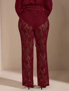 SHEIN BAE Quần skinny xẻ cao xuyên thấu ren đen dành cho nữ cỡ lớn - Màu Đỏ Sâu - Xem 2