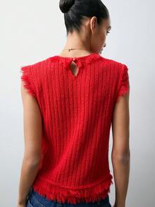 Maija 情人节橙色无袖流苏宽松舒适都市针织上衣，适合女性，秋冬春季穿着 - 紅色 - 查看 7