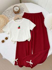 LMoss Kids LMoss Tween Girl 2pcs Tween Girls' Jacquard Jacquard Bodysuit Top And Textured Wide-Leg Pants Set - Red and White - View 3