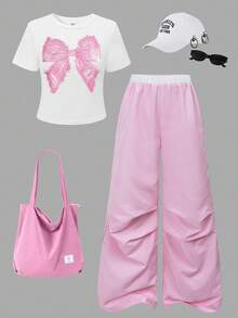 SHEIN ChillGRL Tween Girls' Casual Bow Print T-Shirt And Striped Wide Leg Pants Set, Summer - Pink - View 3