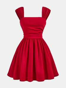 SHEIN Girlism Teen Girls Sleeveless A-Line Dress With Ruched Bust And Shoulders, Elegant Red Red Mini Dress Red Dress Red Outfit Classy Dress Elegant Dress - Red - View 5