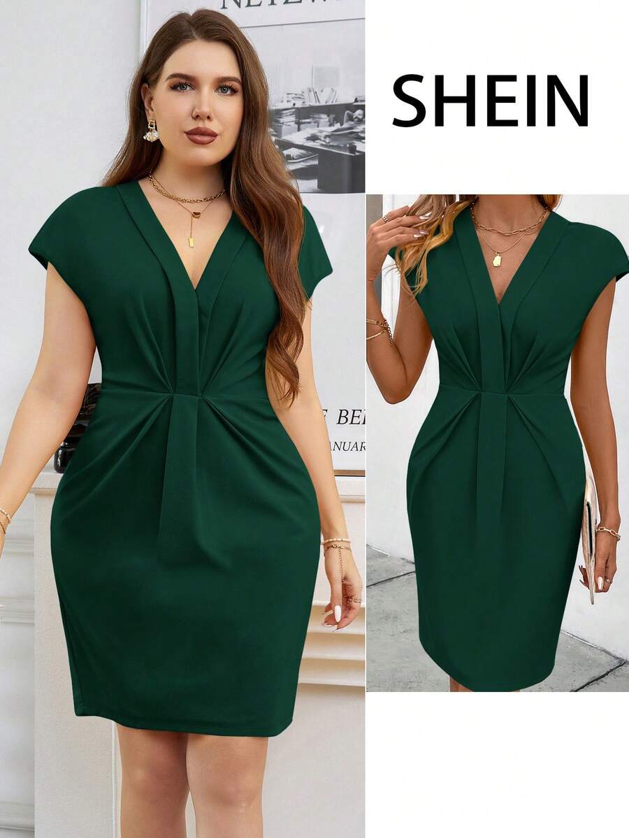 SHEIN Clasi Đầm ôm dáng thanh lịch cổ chữ V tay ngắn dành cho nữ cỡ lớn, thích hợp đi làm. - Màu xanh lá cây đậm - Xem 1