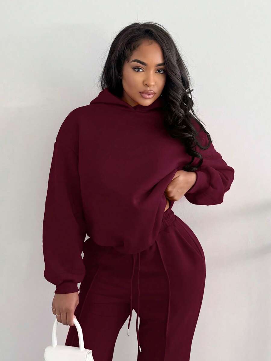 Alexandranx Summer Outfits Women's Simple Casual Solid Color Pullover Hooded Long Sleeve Fall And Winter Hoodie Without Drawstring Oversize,Fall,Fall Clothes For Women Christmas - Red Violet - View 1