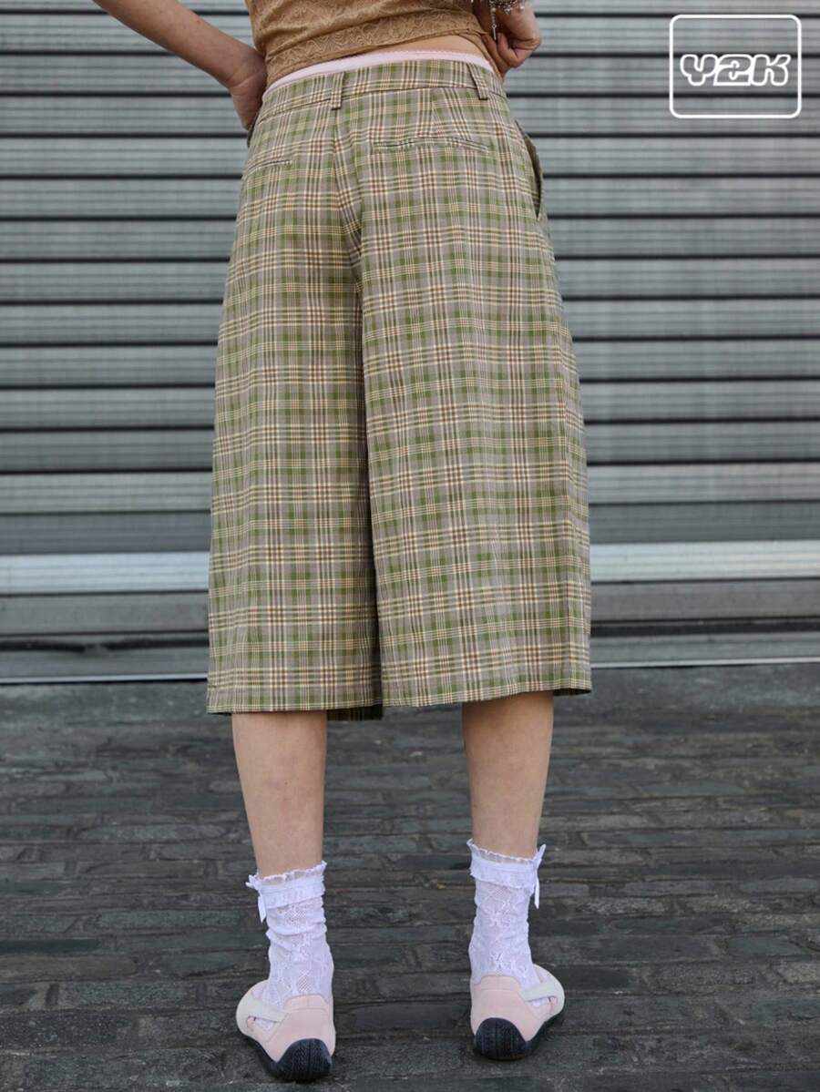 COUREZ Tailored Regular Fit Check Jorts /Spring Clothes For Women Women's Spring Clothes Y2K Women's Spring Clothes Cute - Green - View 1