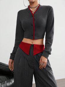 Aidyla Women's Long Sleeve Single-Breasted Casual Top With Red Contrast - Grey - View 8