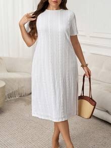 SHEIN LUNE 大码女式圆领短袖烧花刺绣休闲直筒连衣裙 - 白色 - 查看 6