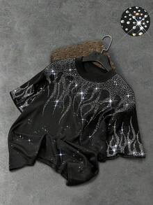 Manfinity Roghcode Men's Fashion Rhinestone Embellished Short Sleeve T-Shirt (Random Silver Powder) Sequin Top Men Rhinestone Top Men Rhinestone Shirt Men Men S Sparkly Shirt Glitter Shirt Men - Black - View 3