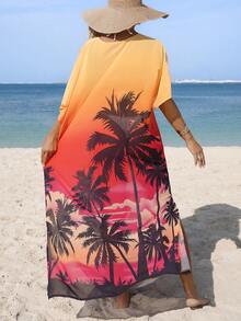 Swim Lushoire Women's Beach Vacation Casual Palm Tree Print Cover-Up 2026 For School,Suitable For Holiday, Date, Afternoon Tea, Western, Cruise, Beach, Island, Road Trip, All Seasons, Music Festival, Boho Vacation,Bohemian Vacation, Chill Autumn ,Western Boho ,Elegant Tops For Women Beach Cover Ups Swimsuit Cover Up Women Swimwear Coverups Orange Beach Dress Beach Kimono Sunset - Multicolor - View 2