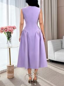 Feyla Đầm nữ màu trơn, họa tiết hoa 3D, không tay, dáng dài ngang gối, thanh lịch. - Màu tím - Xem 4