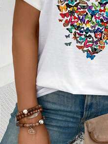 EMERY ROSE Fashionable Casual New V-Neck Turnover Sleeve Colorful Heart & Butterfly Print Plus Size T-Shirt - White - View 3