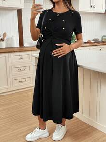 SHEIN 孕妇休闲爱心刺绣扭结哺乳连衣裙，夏季 - 黑色 - 查看 6