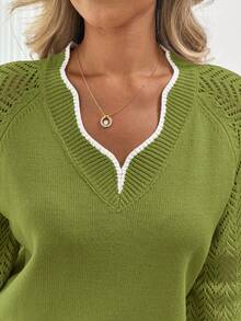 SHEIN LUNE Women's Casual Colorblock Wave Collar Long Sleeve Sweater, Basic Everyday Wear For Autumn/Winter,Casual - Green - View 8