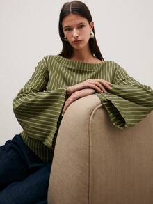 Nöista Striped Boat-Neck Top With Flared Sleeves, Relaxed Fit, And Asymmetrical Hem. Versatile For Spring Break Layering - Dark Green - View 6