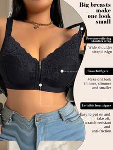 1 pièce Soutien-gorge sans fil en dentelle noir grande taille avec bretelles larges, fermeture éclair frontale confortable - Noir - Voir 5