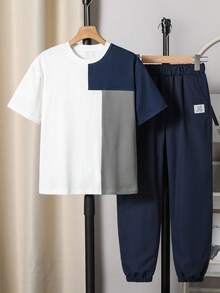 SHEIN Vacaura 男童休闲简约蓝灰白拼接T恤裤套装（2件套），适合春夏日常穿着及外出。 - 藏蓝色 - 查看 5