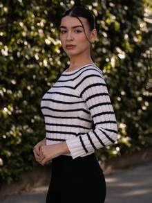 Andrea Bello Streetwear Women's Autumn/Winter Colorblock Off Shoulder Ribbed Fitted Long Sleeve Sweater - Multicolor - View 3