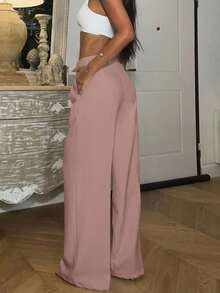 Ronhire Women High Waist Pleat Casual Straight Leg Trousers, Office Wear - Dusty Pink - View 2
