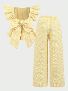 SHEIN 2pcs  رمضان Tween Girls' Casual Patchwork Contrast Color Ruffle Hem Shirt And Pants Set - Yellow - View 10