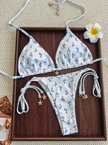 Swim Mod 2pcs/Set Women's White And Blue Floral Bikini,Halter Backless Crop Top&Side Tie Bottom Swimwear,Summer,Tropical,Beach,Vacation,Holiday Metallic Decor - Multicolor - View 1