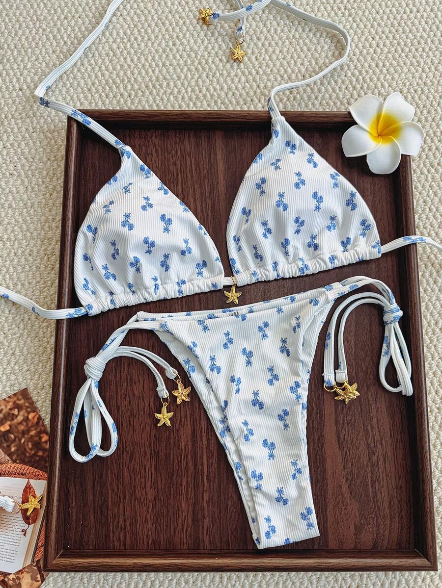 Swim Mod 2pcs/Set Women's White And Blue Floral Bikini,Halter Backless Crop Top&Side Tie Bottom Swimwear,Summer,Tropical,Beach,Vacation,Holiday Metallic Decor - Multicolor - View 1