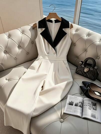 SHEIN Franclia Mono sin mangas minimalista de estilo commuter para mujer Franclia, con bolsillos y botones dorados, ajuste ceñido, pierna recta, para primavera/verano