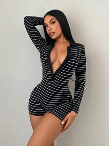 SHEIN SXY Black Striped Polo Collar Long Sleeve Striped Skinny Jumpsuit,Black Dress,Going Out ,Casual, Sexy Romper, Bodysuits For Women Long Sleeve, - Black and White - View 3