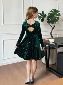 SHEIN Tween Girl Elegant Dark Green Velvet Dress,Autumn Winter Long Sleeve Hot Diamond Star Backless Bow A-Line Princess Dress For Party & Birthday - Green - View 5