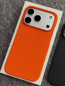 1pc Magnetic Case Carbon Fiber Texture Compatible With 17 Pro Max Air 16 15 14 13 12 Pro Max Plus Half Cover Matte Heat Dissipation Protective Case - Orange - View 3