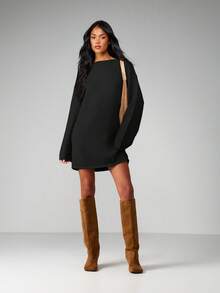 MISSGUIDED 秋冬休闲宽松长袖斜领针织迷你毛衣连衣裙 - 黑色 - 查看 5